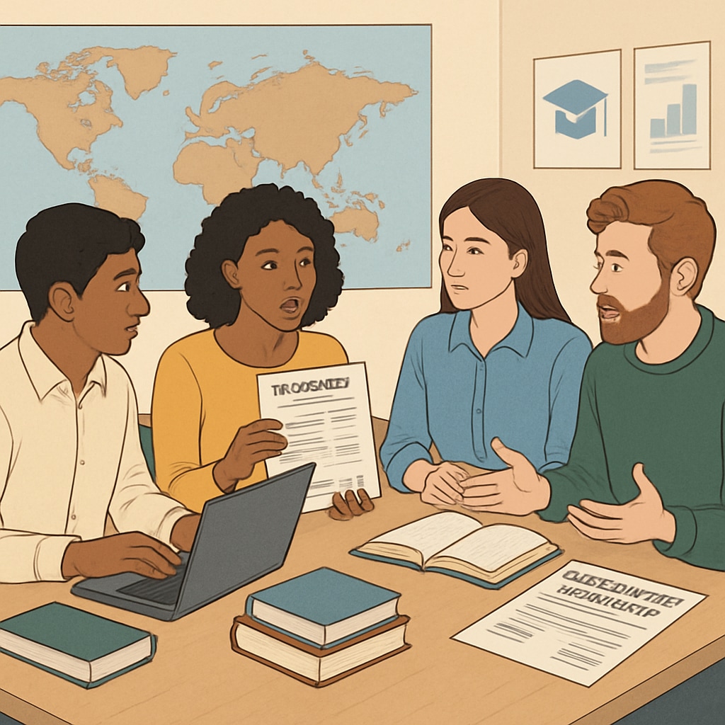 A group of international students discussing their academic transcripts, highlighting the challenges in qualification recognition. International students reviewing their transcripts for university admissions.