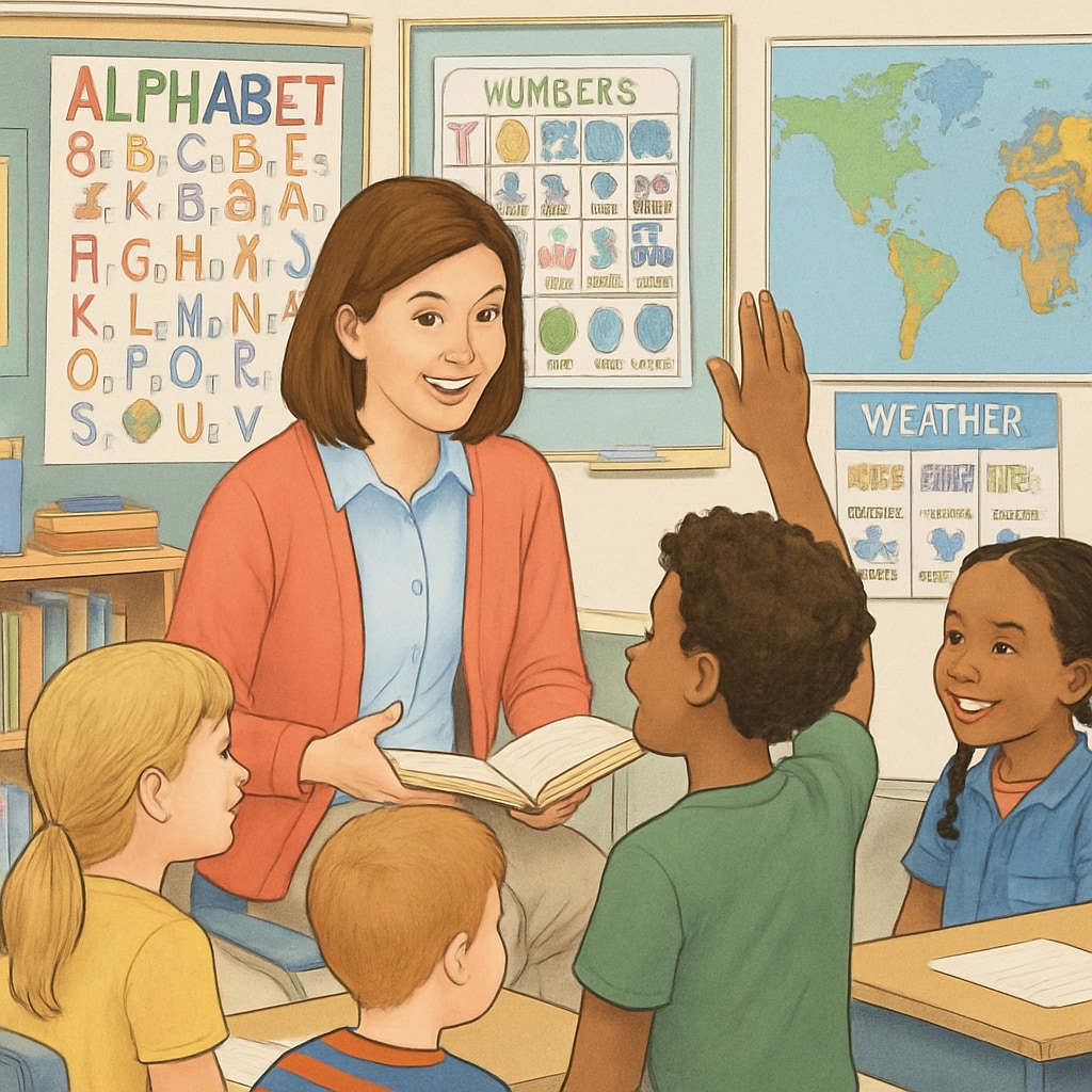 An elementary school teacher interacting with students in a colorful and organized classroom setting. Elementary school teacher engaging students in a vibrant classroom.