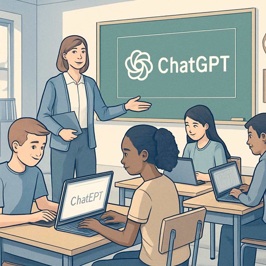 A classroom setting where students use laptops, depicting the integration of AI tools like ChatGPT in education. Students using laptops in a classroom with ChatGPT integration for learning.