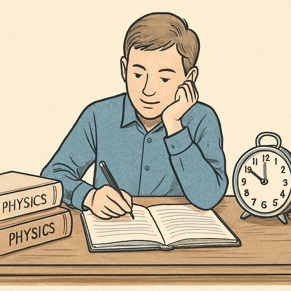 A student sitting at a desk with physics textbooks, a notebook, and a clock, representing time management in studies. A student managing physics backlogs with textbooks and a clock for time management.