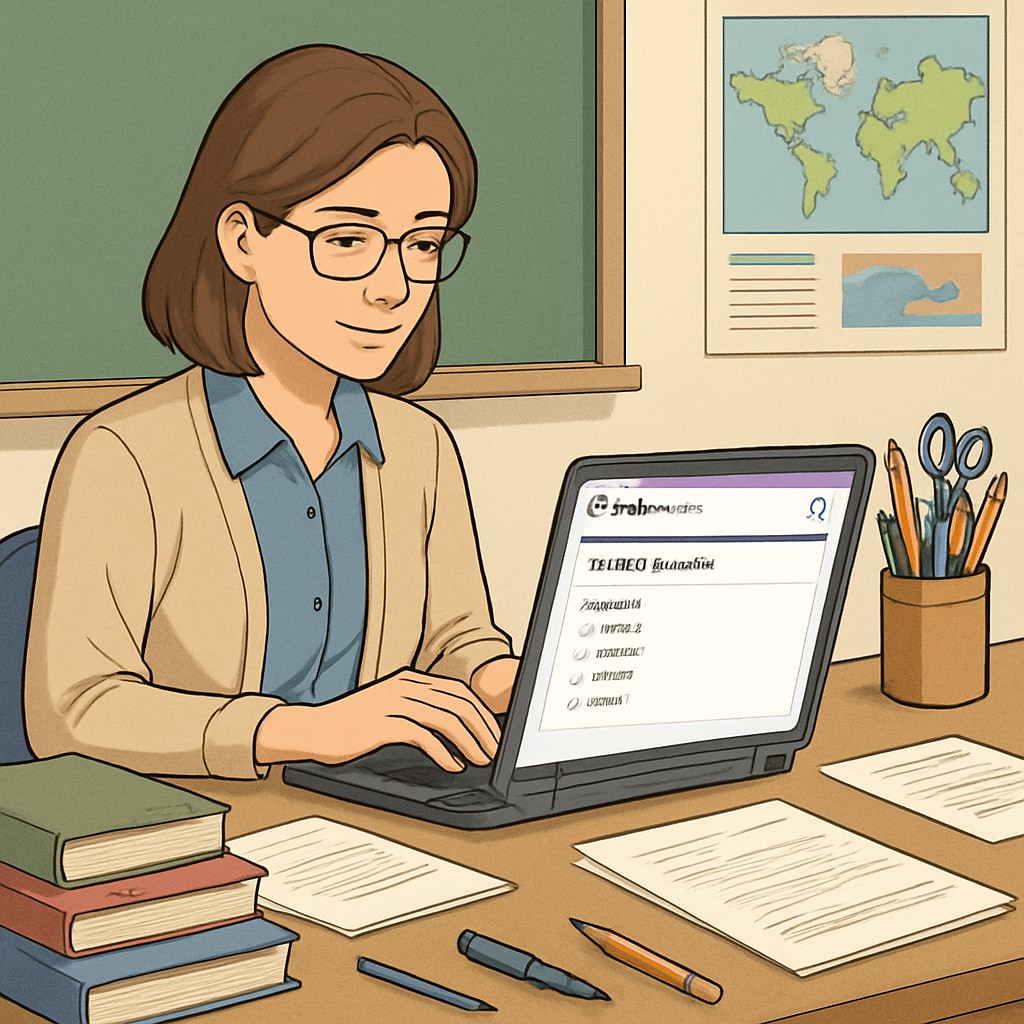 A teacher creating a Google Forms questionnaire on a laptop, aligned with educational research purposes. Teacher using Google Forms for educational research questionnaire.