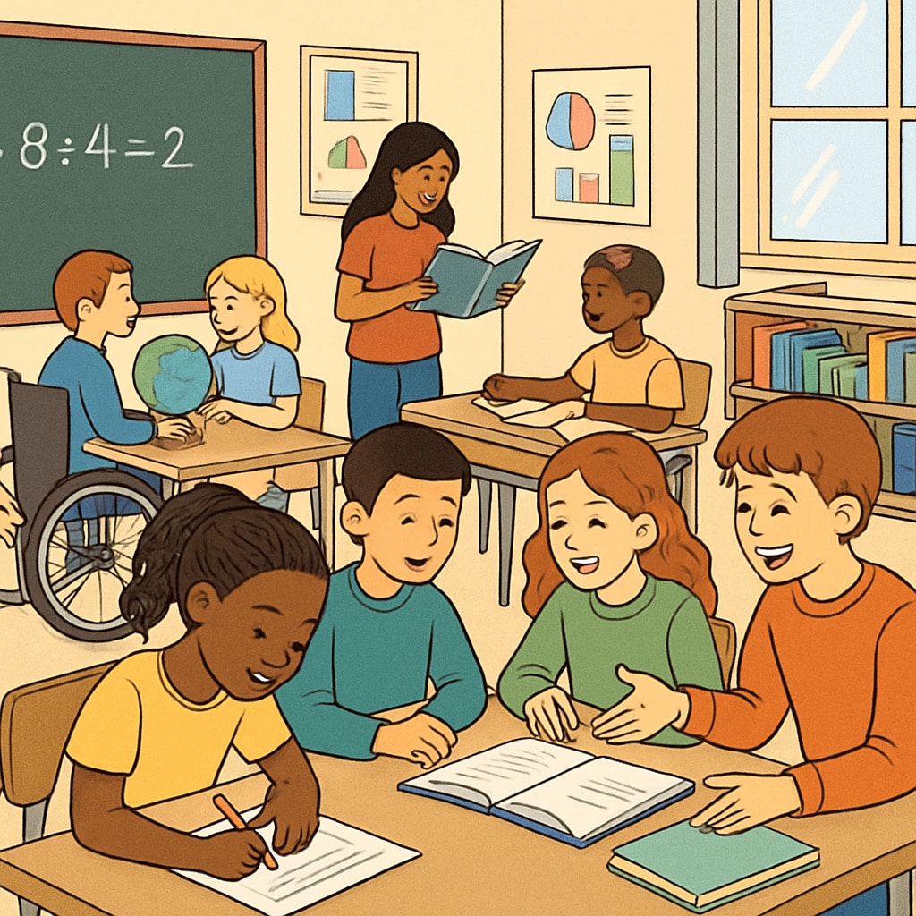 A classroom setting showing diverse students engaged in group activities, promoting inclusivity. Students collaborating in a classroom to foster inclusivity and growth mindset.