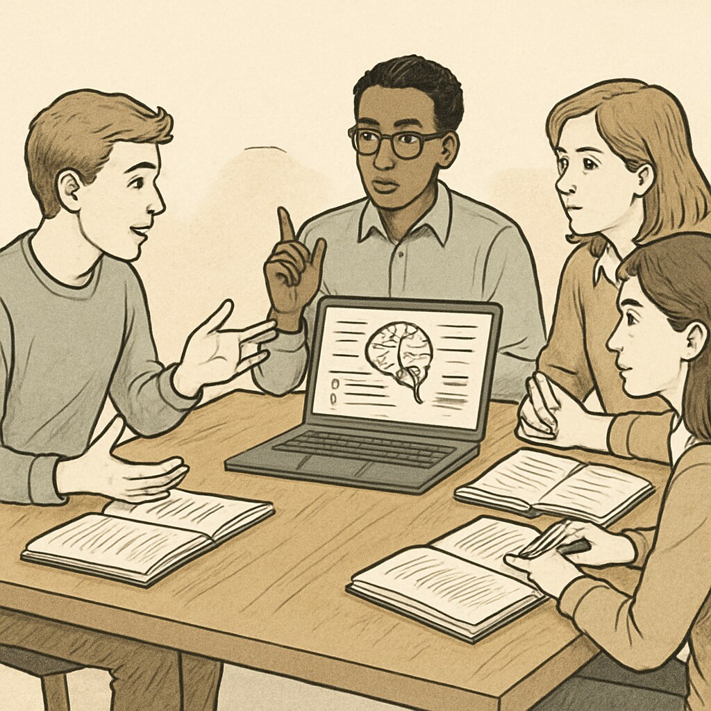 Students engaging in group discussions, applying the Socratic method to analyze AI-generated information. Students discussing AI-generated answers using the Socratic method in a classroom.