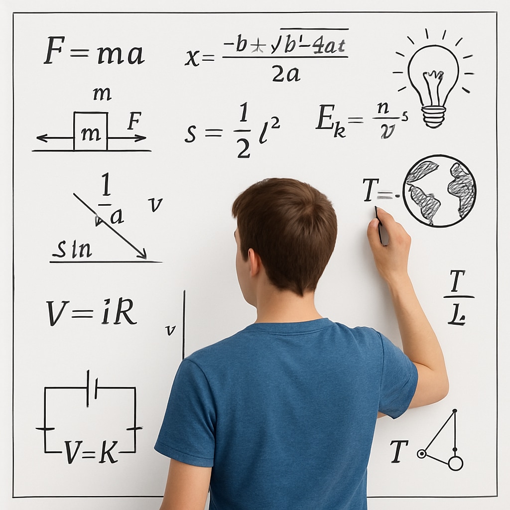 A student practicing physics problems on a whiteboard, surrounded by formulas and diagrams. A student solving physics problems on a whiteboard as part of exam preparation.