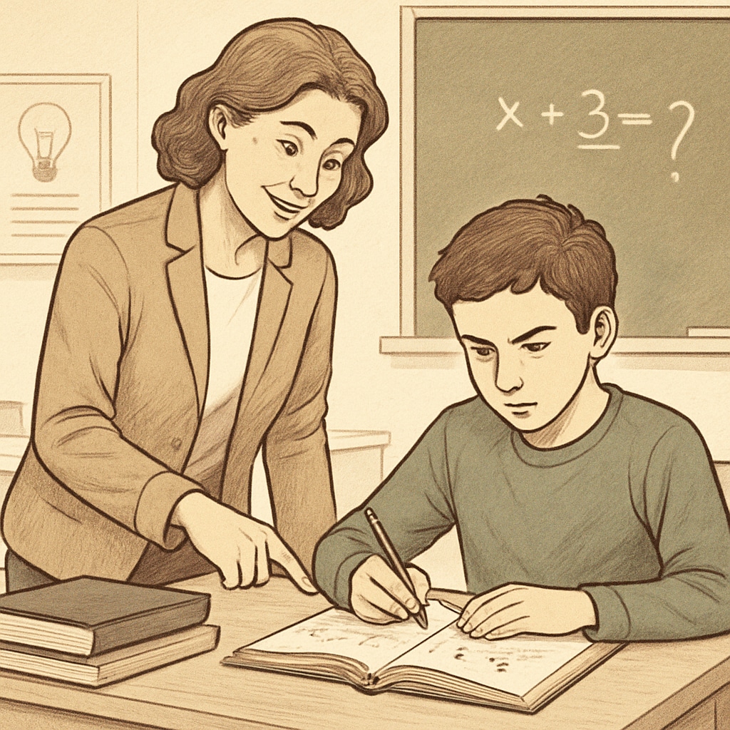 A teacher encouraging a student working on a challenging problem, symbolizing the growth mindset approach. Teacher supporting a student with a difficult task, illustrating growth mindset principles.