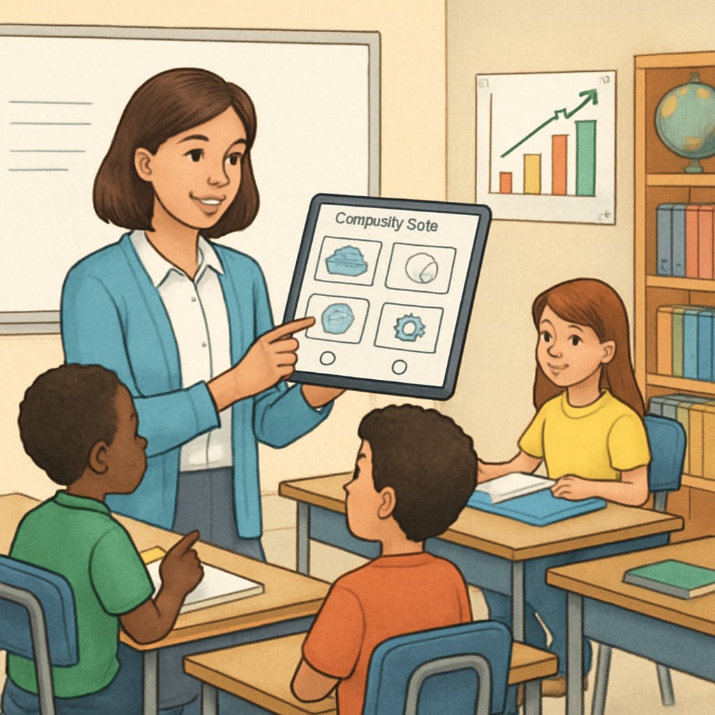 A classroom setting where a teacher is using a digital tool to assess students' cognitive skills. The tool appears on a tablet or screen. STEM teacher using diagnostic tool for learning challenges in K12 classroom
