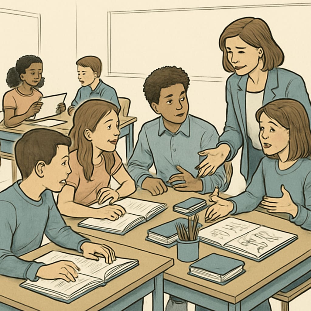 A classroom with students collaborating on a critical thinking exercise, highlighting the role of education in fostering intellectual growth. Collaborative student activity demonstrating education's impact on critical thinking.