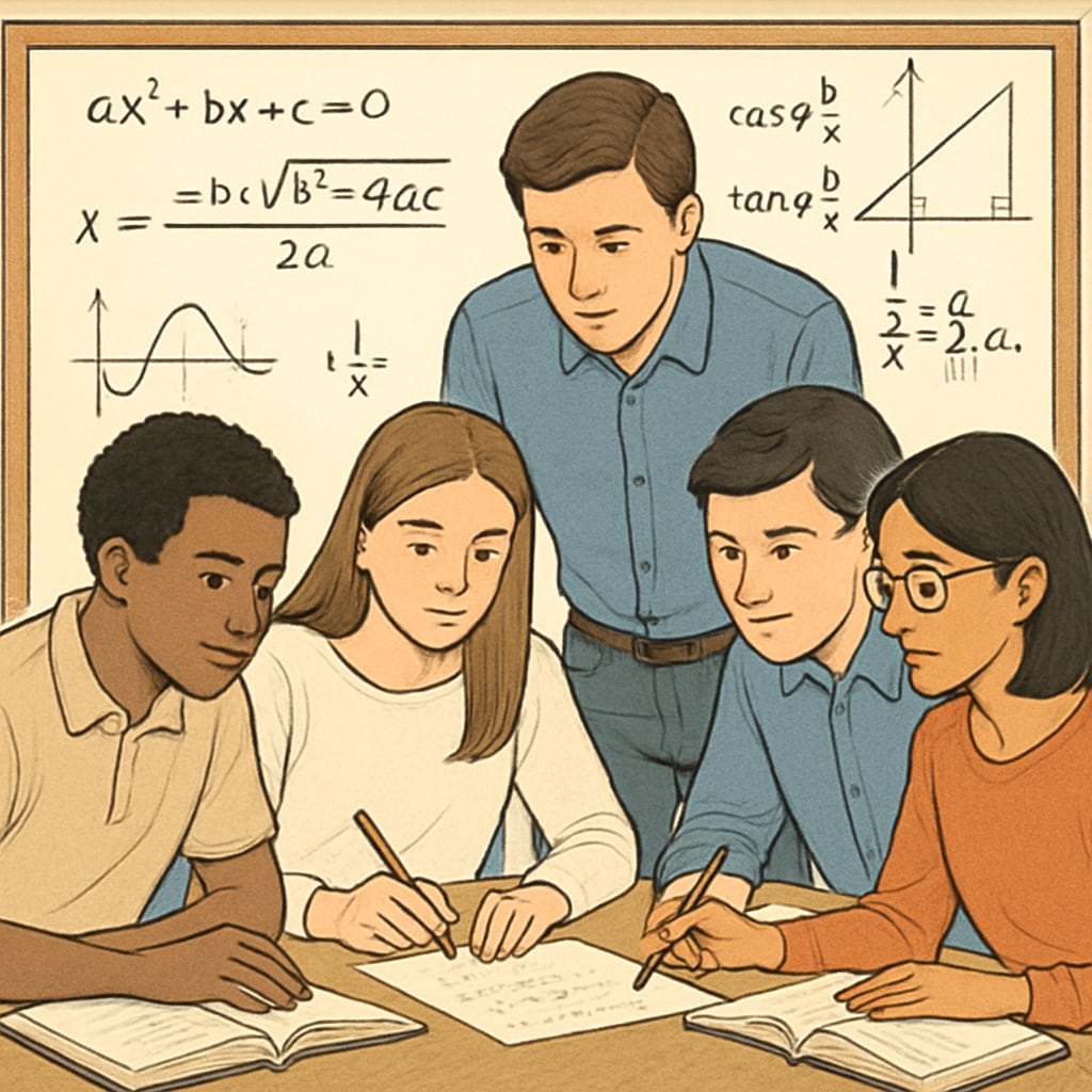 A group of students working together on a challenging mathematical problem, with equations written on a whiteboard in the background. Students collaborating to solve advanced mathematical problems.
