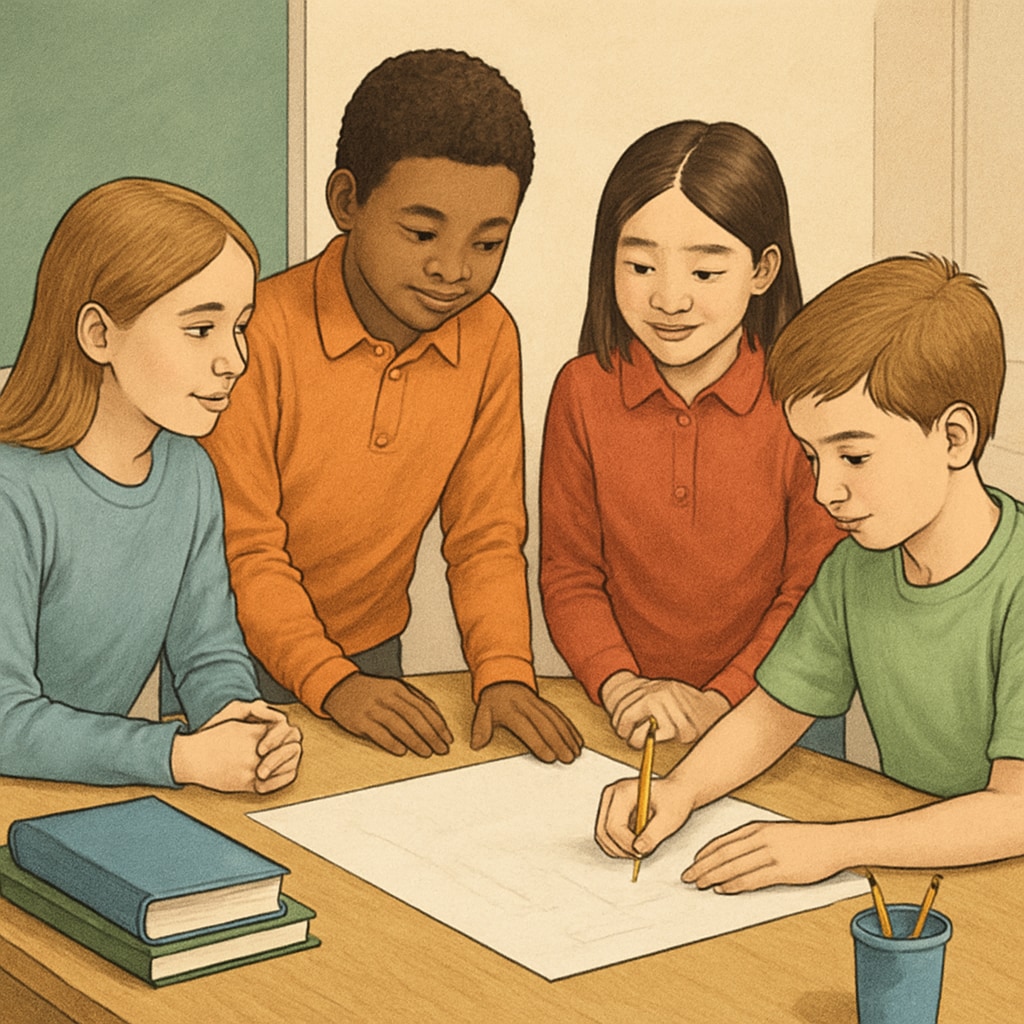 Students participating in a group activity emphasizing teamwork and mutual respect. Group activity showcasing teamwork and the importance of respect in education.