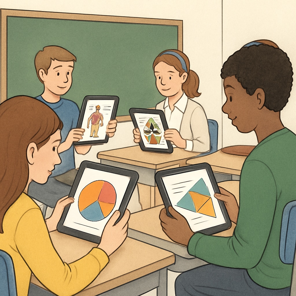 A colorful digital illustration showing students interacting with an educational app on tablets, symbolizing visual learning in a classroom setting. Interactive learning app with students using tablets for visual education.