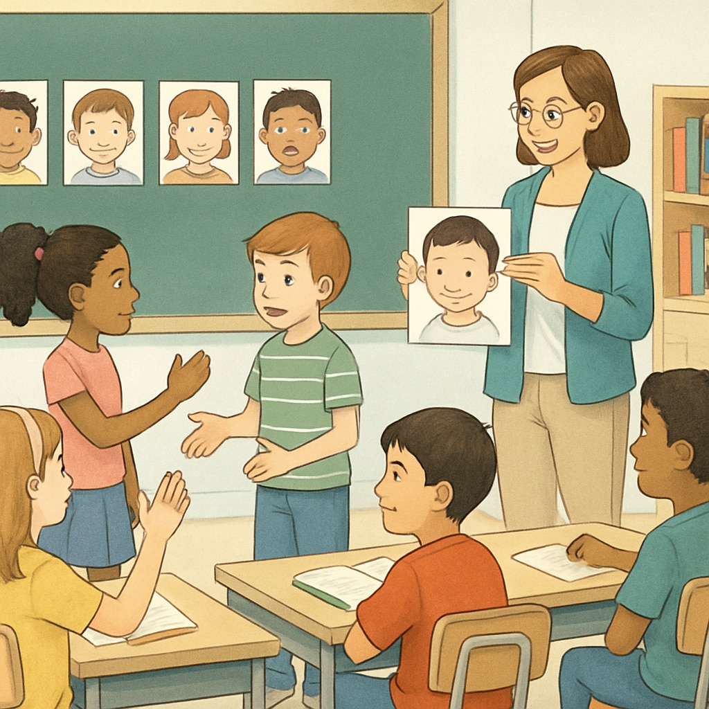 A group of children engaging in a classroom activity focusing on emotional intelligence, such as identifying emotions in pictures or role-playing scenarios. Children learning emotional intelligence in a classroom activity