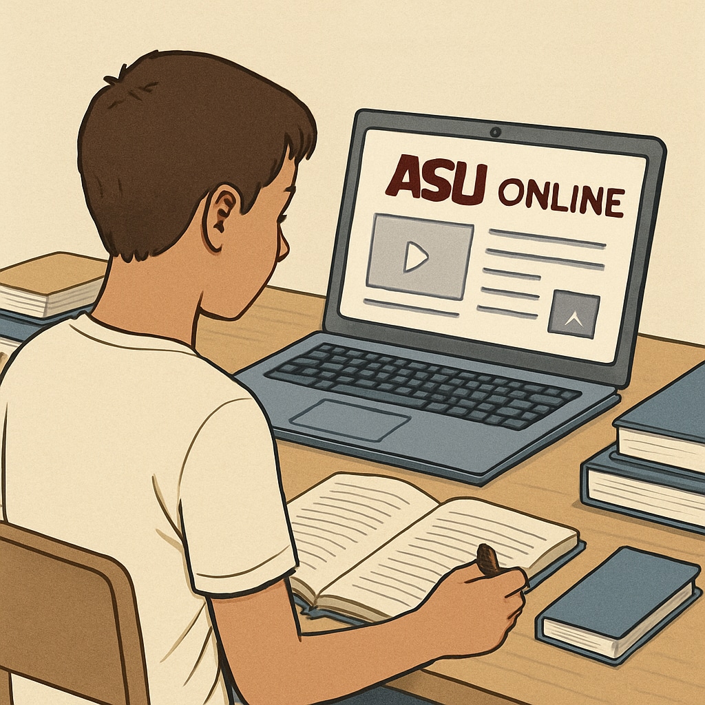 A student studying on a laptop with an ASU Online course interface displayed. Student studying online with Khan World School and ASU Online dual enrollment program.