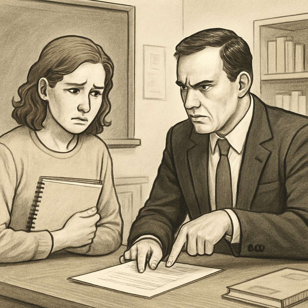 A school meeting between a teacher and academic supervisor, highlighting the tension caused by inadequate leadership. Concerned teacher addressing an academic supervisor in a school meeting.