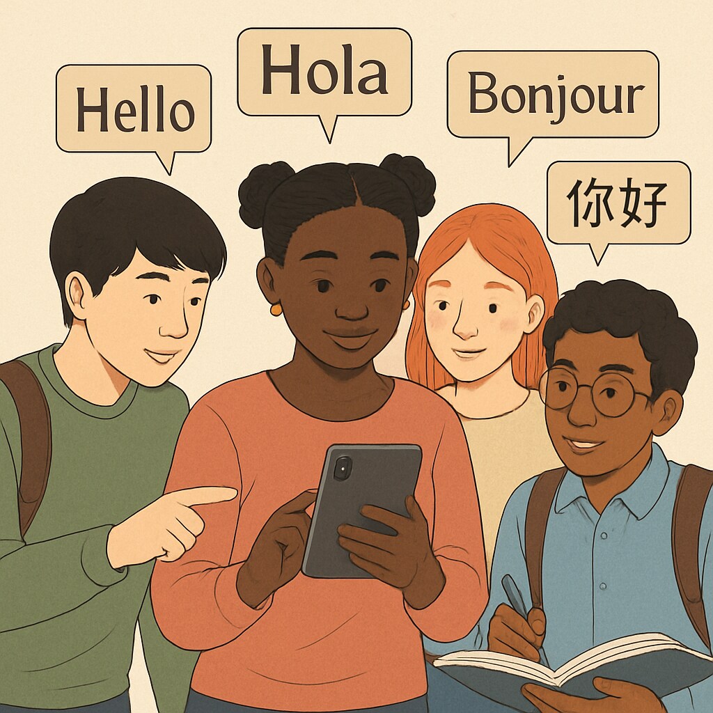 A diverse group of students using an app in their native languages, illustrating the concept of multilingual education. Multilingual education app empowering diverse students worldwide.