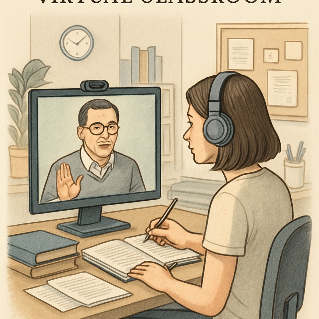 A virtual classroom setup with a student discussing coursework with a mentor via video call. Online mentorship in the Khan World School and ASU Online dual enrollment program.