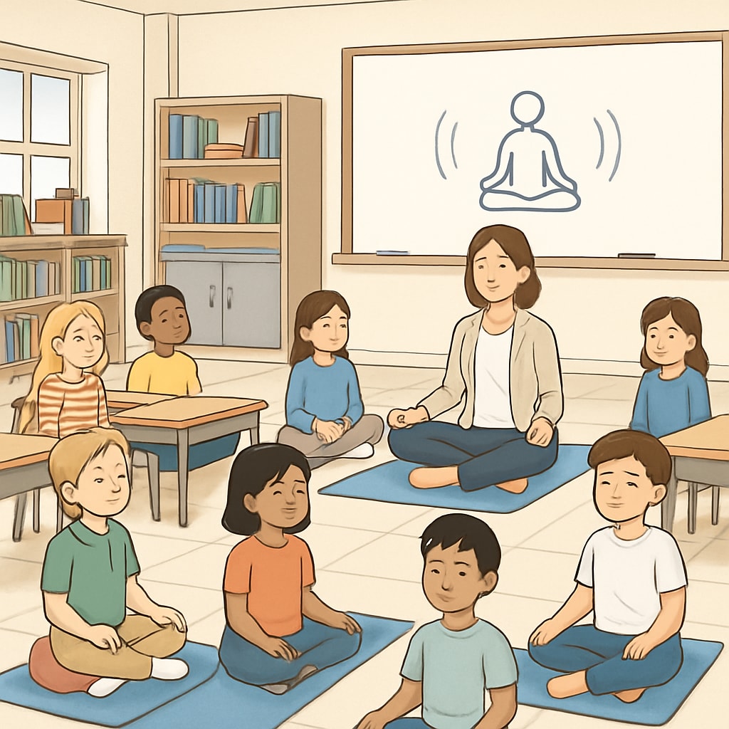 An engaging classroom session where students are practicing mindfulness techniques, such as breathing exercises or guided meditation. Students practicing mindfulness techniques in a classroom