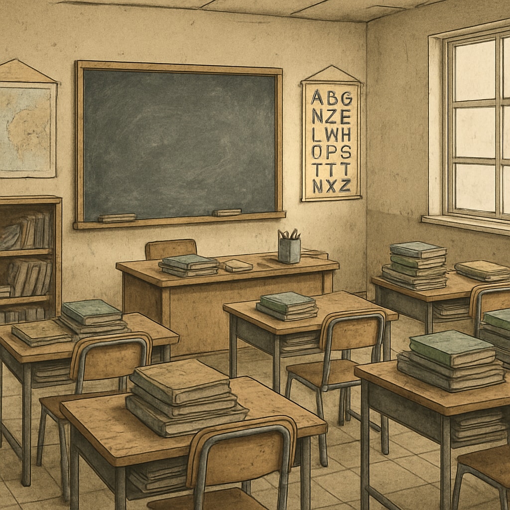 An empty classroom with outdated materials, symbolizing stagnation resulting from poor academic leadership. Outdated classroom representing stagnation in education due to poor leadership.