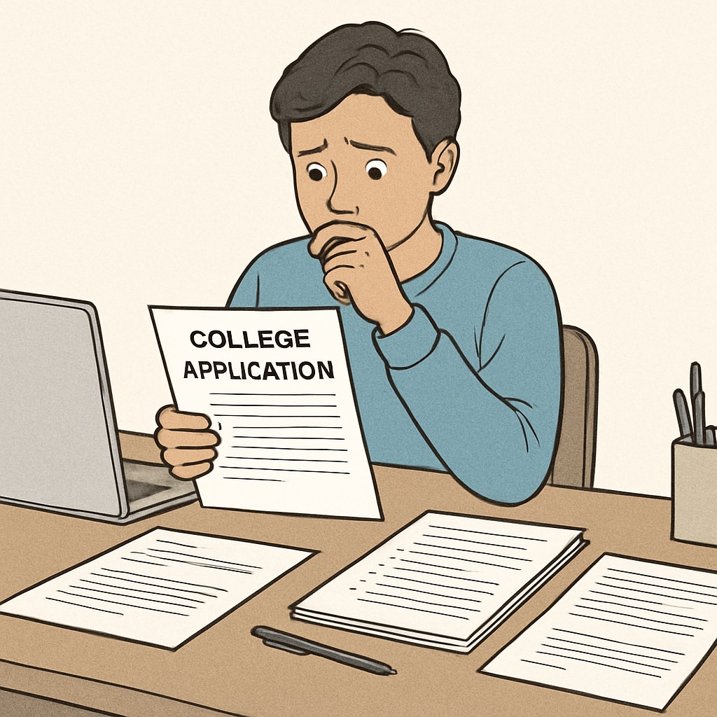 A student nervously reviewing their college application, sitting at a desk with documents and a laptop. College application review emphasizing honesty.