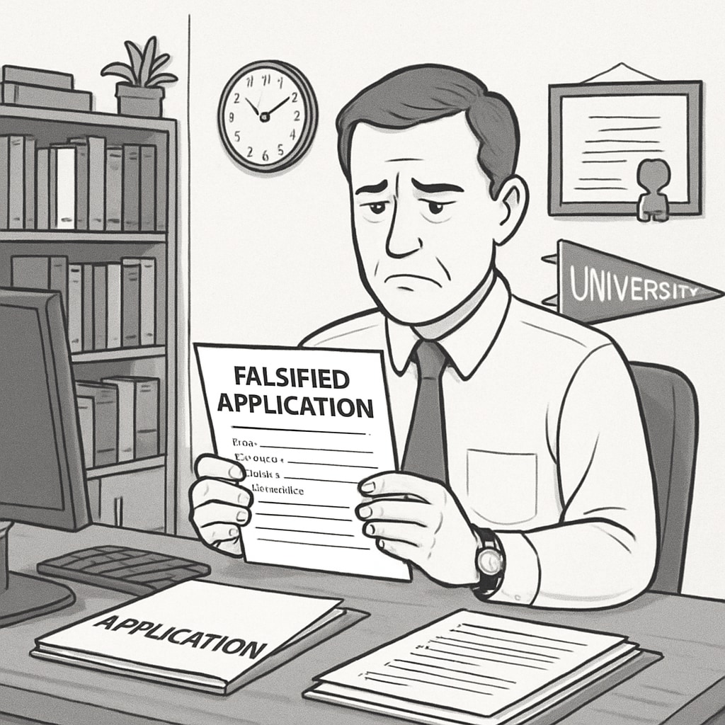 A disappointed admissions officer holding a falsified application in a university office. Consequences of dishonesty in college applications.
