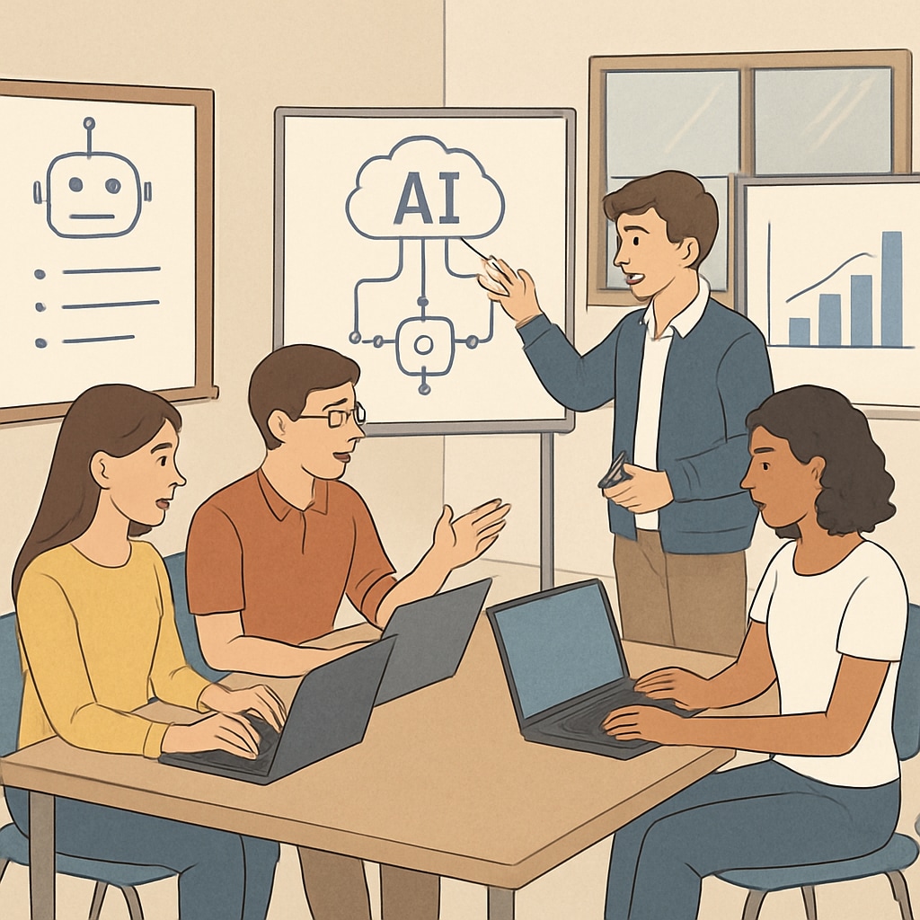 A classroom setting where undergraduate students collaborate on AI-related projects using laptops and whiteboards. Undergraduate students working collaboratively on AI projects with limited computational resources.