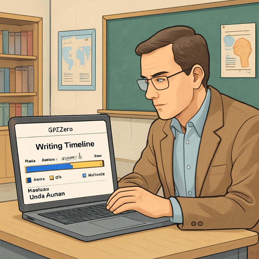 A teacher analyzing a student's writing timeline using GPTZero on a laptop in a classroom setting. Teacher using GPTZero to monitor student writing for plagiarism detection.