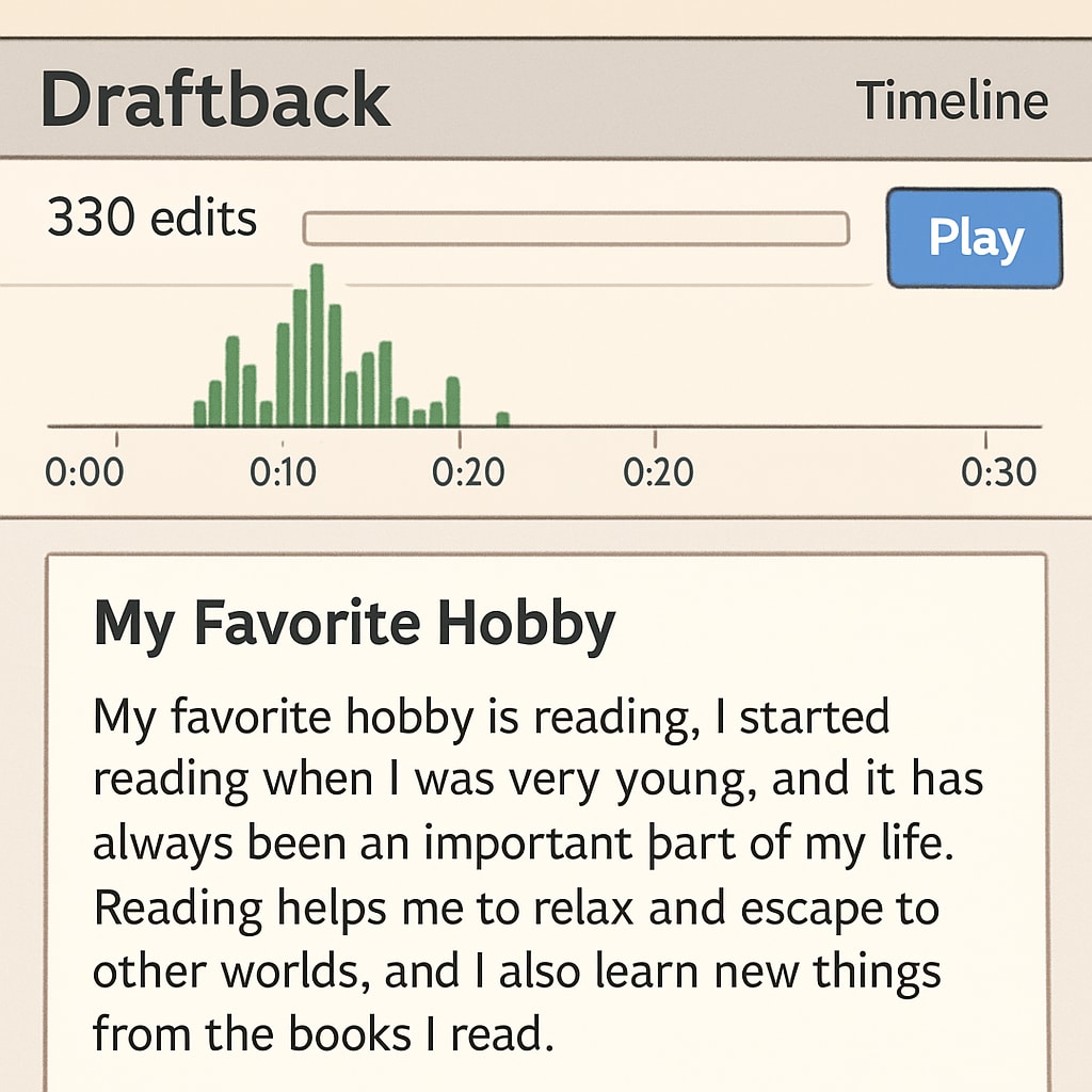 Screenshot of a Draftback timeline showing incremental edits in a student’s essay, illustrating real-time writing progress. Draftback timeline tracking changes in a student’s writing process.