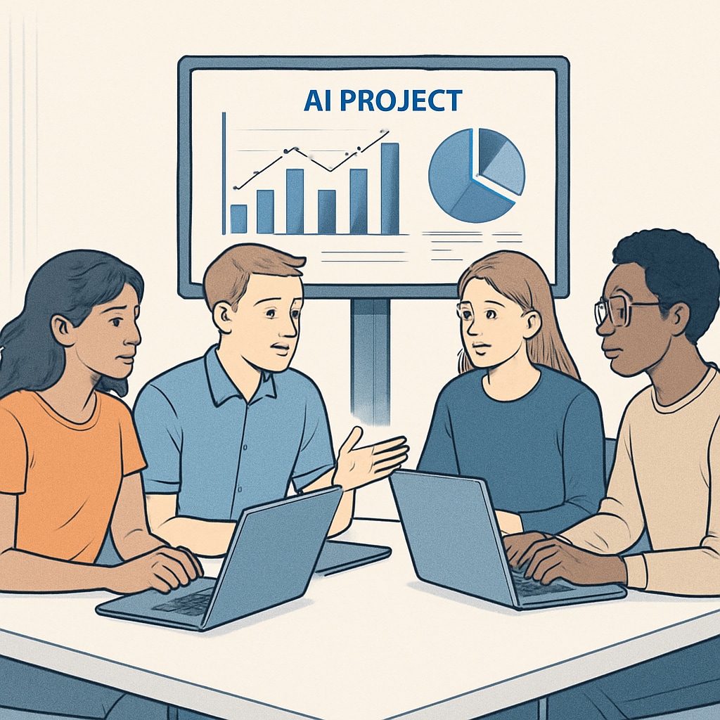 Undergraduate students working on laptops, discussing AI project outcomes with a displayed chart on a monitor. Students discussing AI project results with visual aids, emphasizing interactive learning.