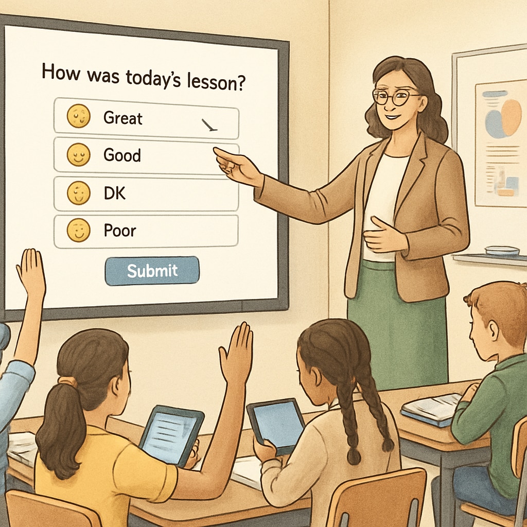 A classroom teacher using a digital survey platform to collect feedback from students about their learning preferences. Teacher collecting student feedback through a digital survey form.