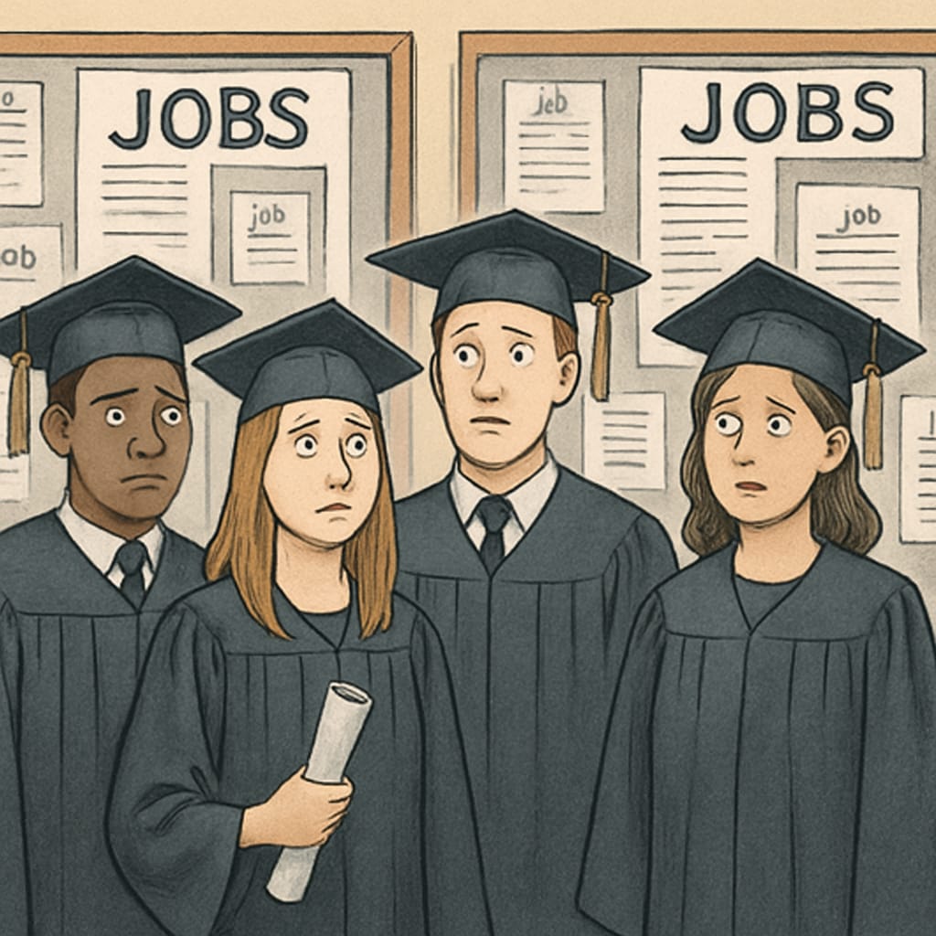 A group of graduates wearing caps and gowns, looking uncertain about their future career prospects against a backdrop of job advertisements. Graduates in caps and gowns facing uncertainty about employment opportunities.