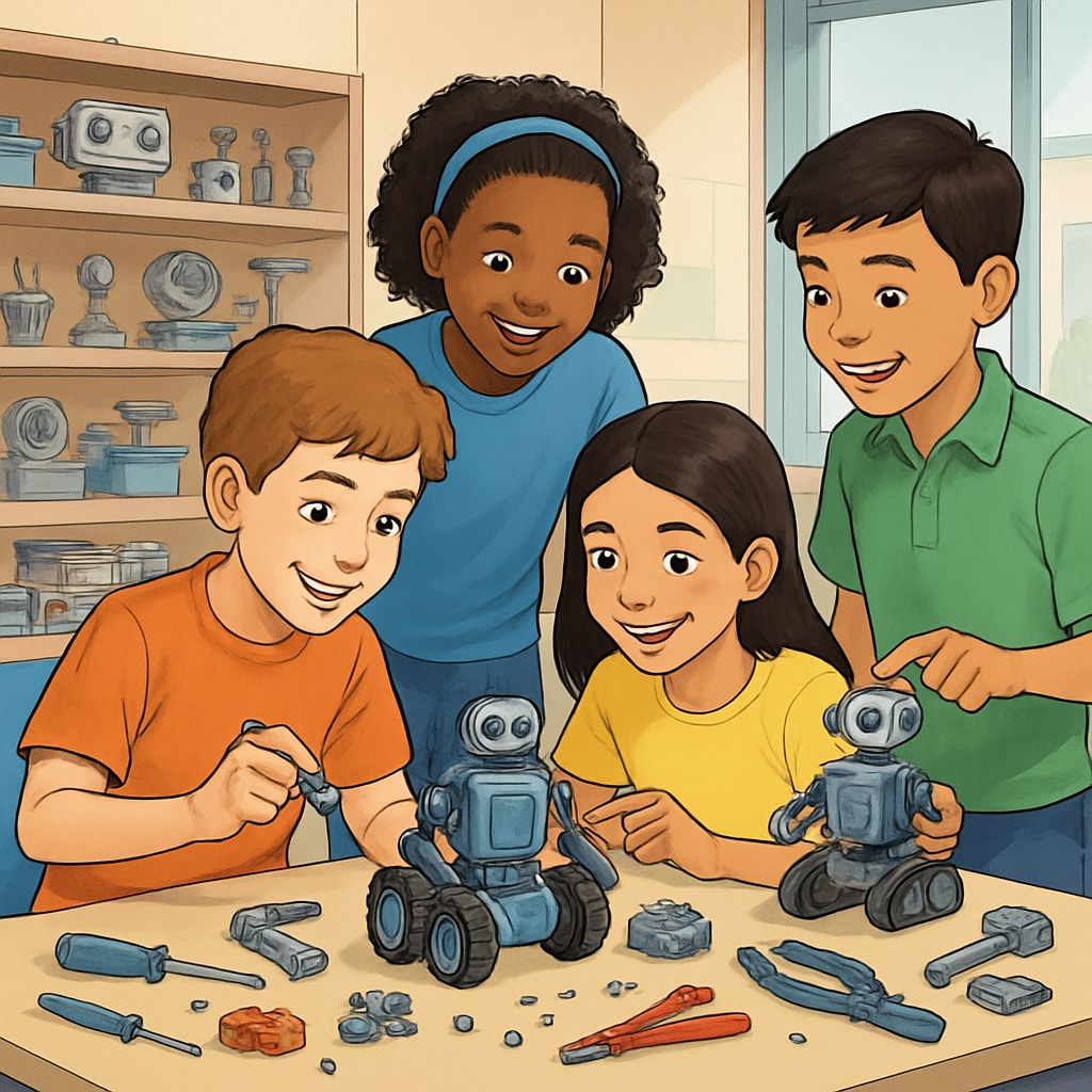 A group of K12 students collaborating on a robotics project, surrounded by tools and components in a classroom. K12 students working on a robotics project, showcasing teamwork and creativity.