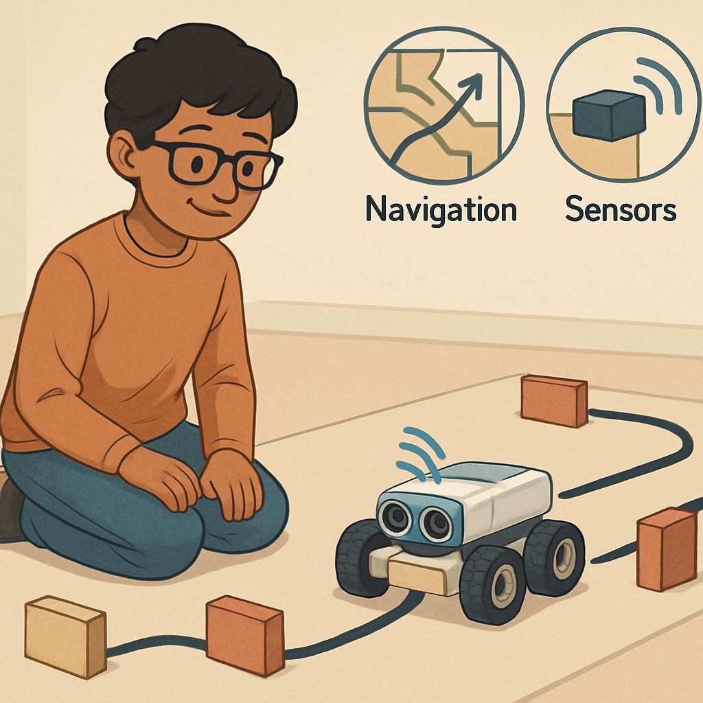 A K12 student testing their robot on a small obstacle course, focusing on applying concepts like navigation and sensors. A student testing a robot to navigate a maze during a project-based robotics course.