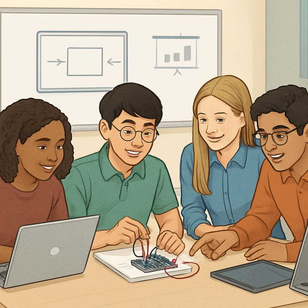 A diverse group of students working on a collaborative project in a tech-focused classroom, emphasizing hands-on learning. Students collaborating on a project in a tech-focused educational setting.