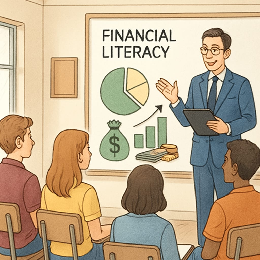 Students participating in a financial literacy workshop, with a financial planner leading the session. A financial literacy workshop with students and a financial planner.