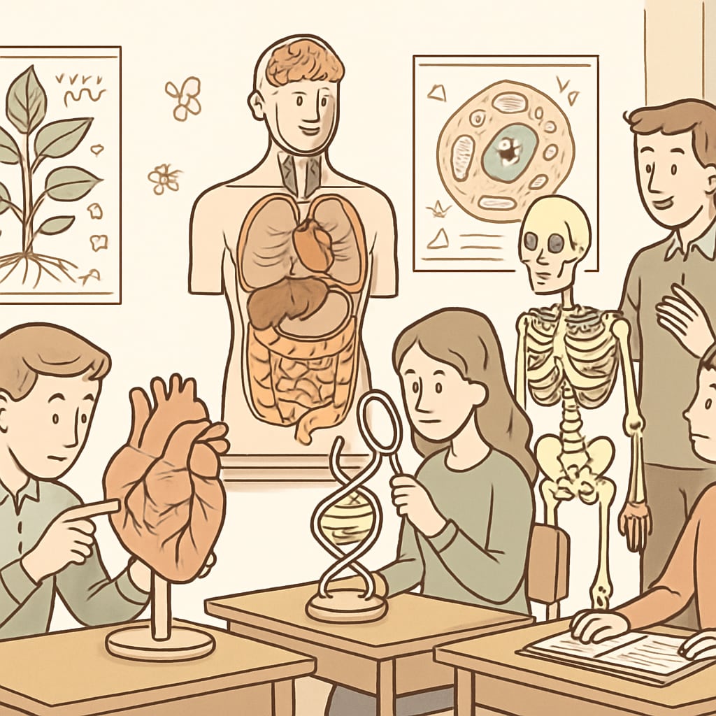 A classroom setting featuring advanced biology models and students engaged in hands-on learning, illustrating the importance of specialized education for gifted K12 students. Gifted students learning advanced biology in a classroom setting.