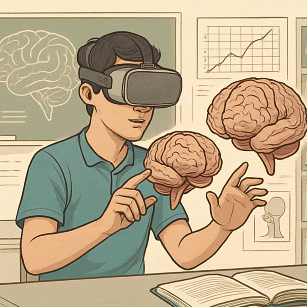 A student using VR to explore 3D brain models as part of neuroscience education, emphasizing the role of technology in supplementing learning for aspiring neurosurgeons. Neuroscience student using VR for 3D brain model exploration.