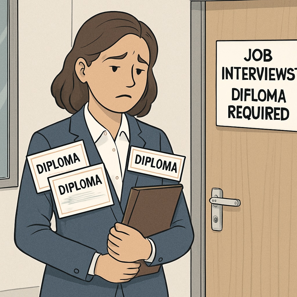 A young professional with multiple degrees being denied a job interview due to diploma requirements. A frustrated job seeker holding multiple degrees, illustrating educational credential issues.