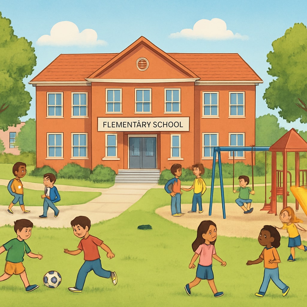 A welcoming public elementary school campus with children playing outside. Public elementary school campus with children playing.