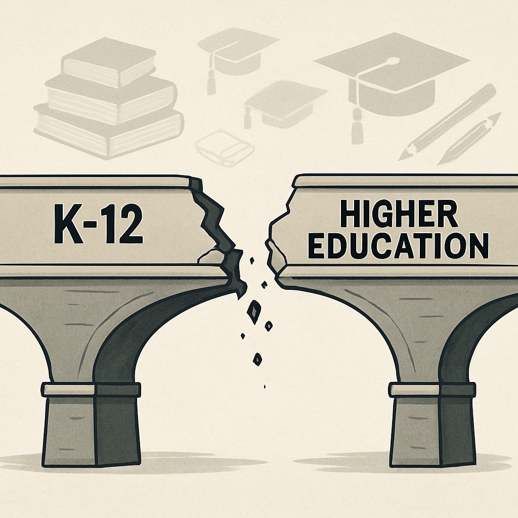 A conceptual image showing the gap between K-12 and higher education systems, symbolized by a broken bridge. A symbolic representation of the disconnect between K-12 and higher education in employment contexts.