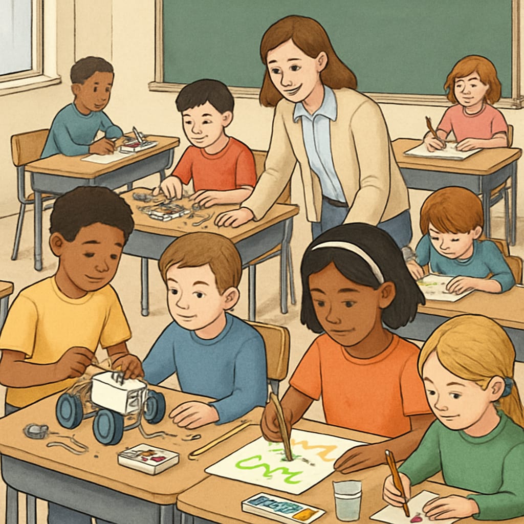 A classroom with students engaging in hands-on activities, such as robotics or art, showcasing diverse learning environments. Students exploring interests through diverse classroom activities, addressing K12 education gaps.