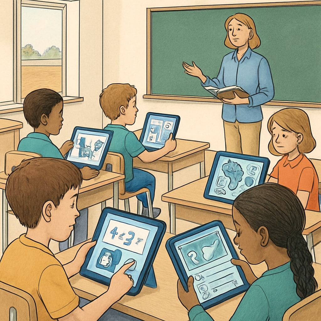 A classroom scene where students are using AI-powered tablets for personalized learning. Students in a classroom using AI-powered tablets, illustrating the integration of AI in K12 education.