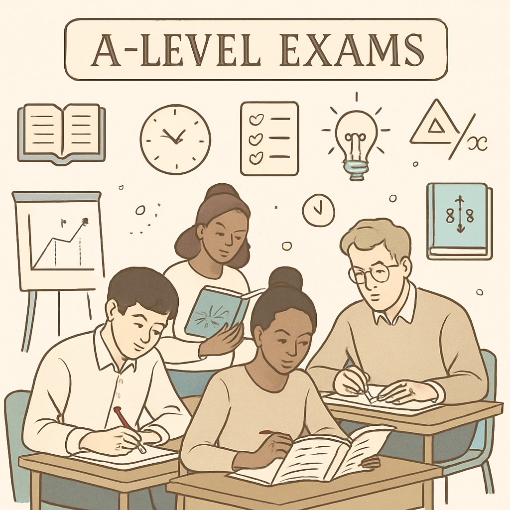 A-Level students preparing for their exams in a classroom setting, showcasing focused study. A-Level students studying for exams, highlighting their academic dedication.