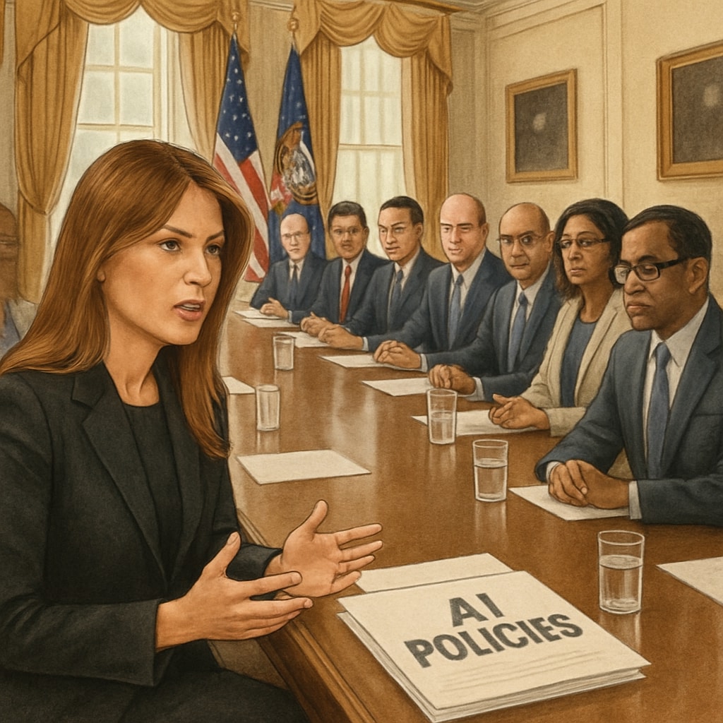 A White House meeting discussing AI policies, with Melania Trump at the forefront. Melania Trump leading a White House meeting on AI policies related to K12 education.