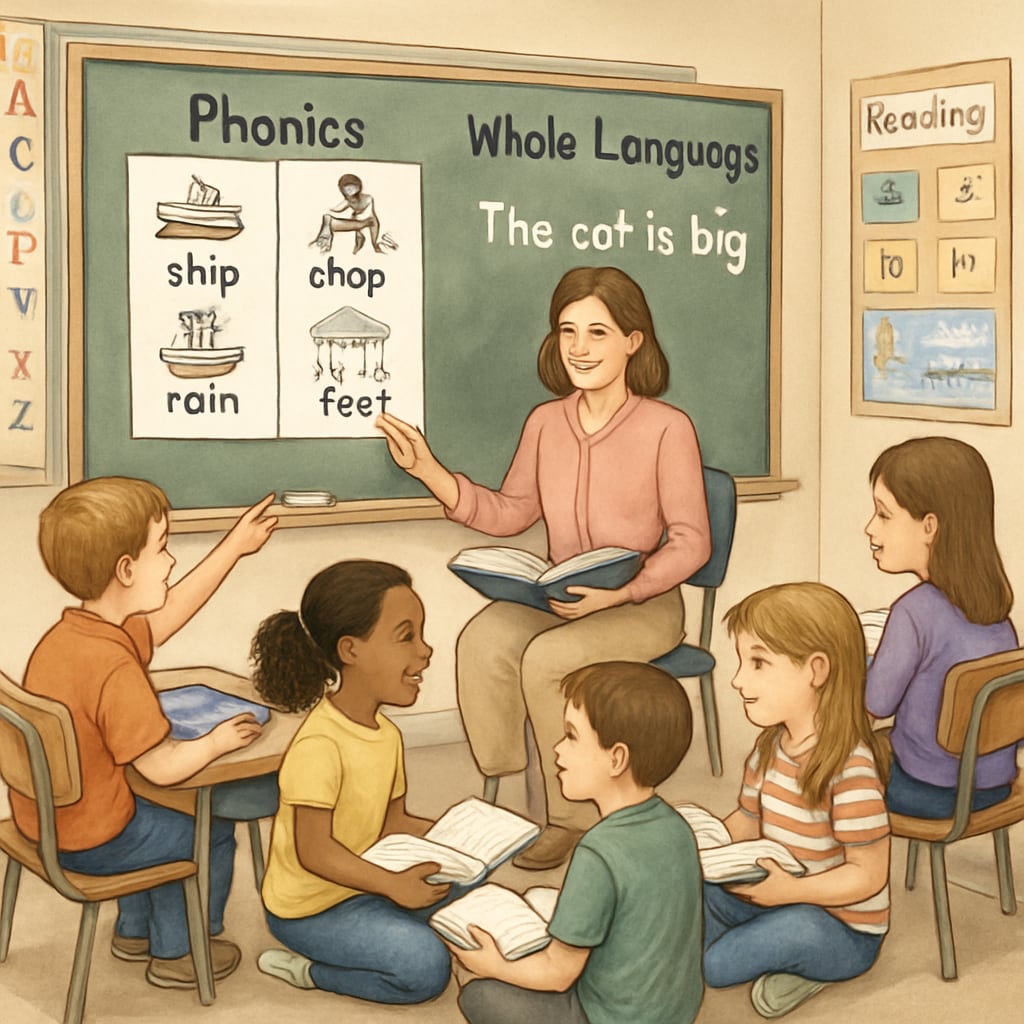 A classroom setting where children are learning to read with either phonics or whole language methods. Classroom reading session showcasing phonics vs whole language methods.