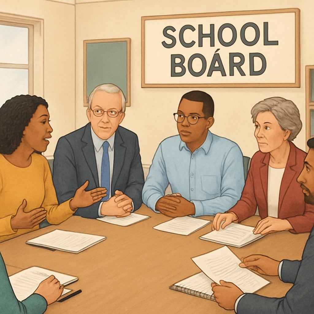 A school board meeting in progress, showing diverse members engaged in discussion. School board members discussing governance strategies in an inclusive meeting.