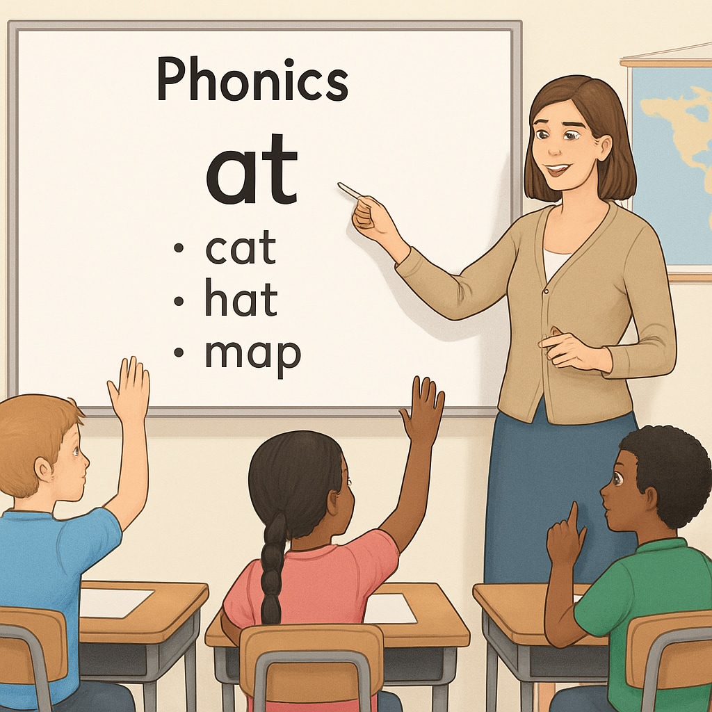 A teacher demonstrating phonics instruction on a whiteboard, with students actively participating. Teacher explaining phonics techniques to students during a lesson.