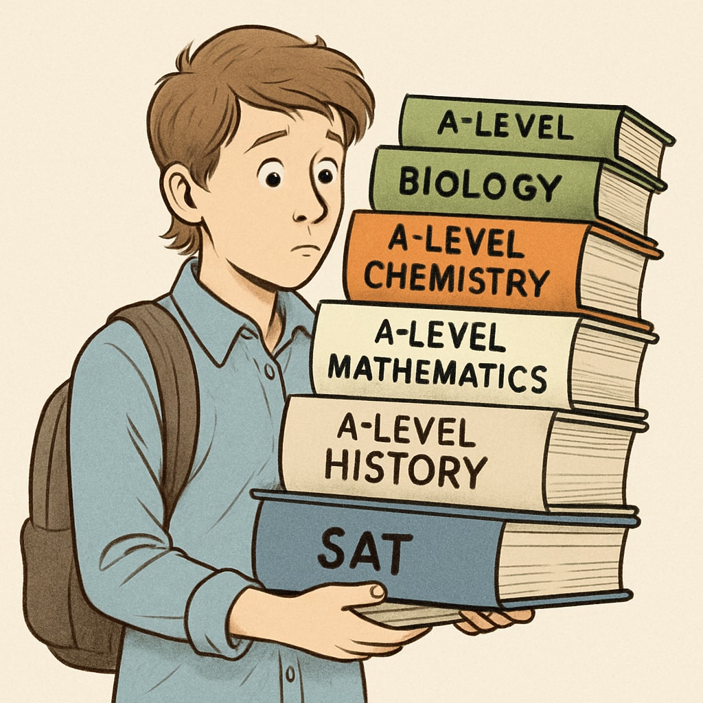 A student balancing A-Level textbooks and SAT preparation materials, symbolizing the dual demands of international applications. A student with A-Level books and SAT materials, illustrating US university preparation.