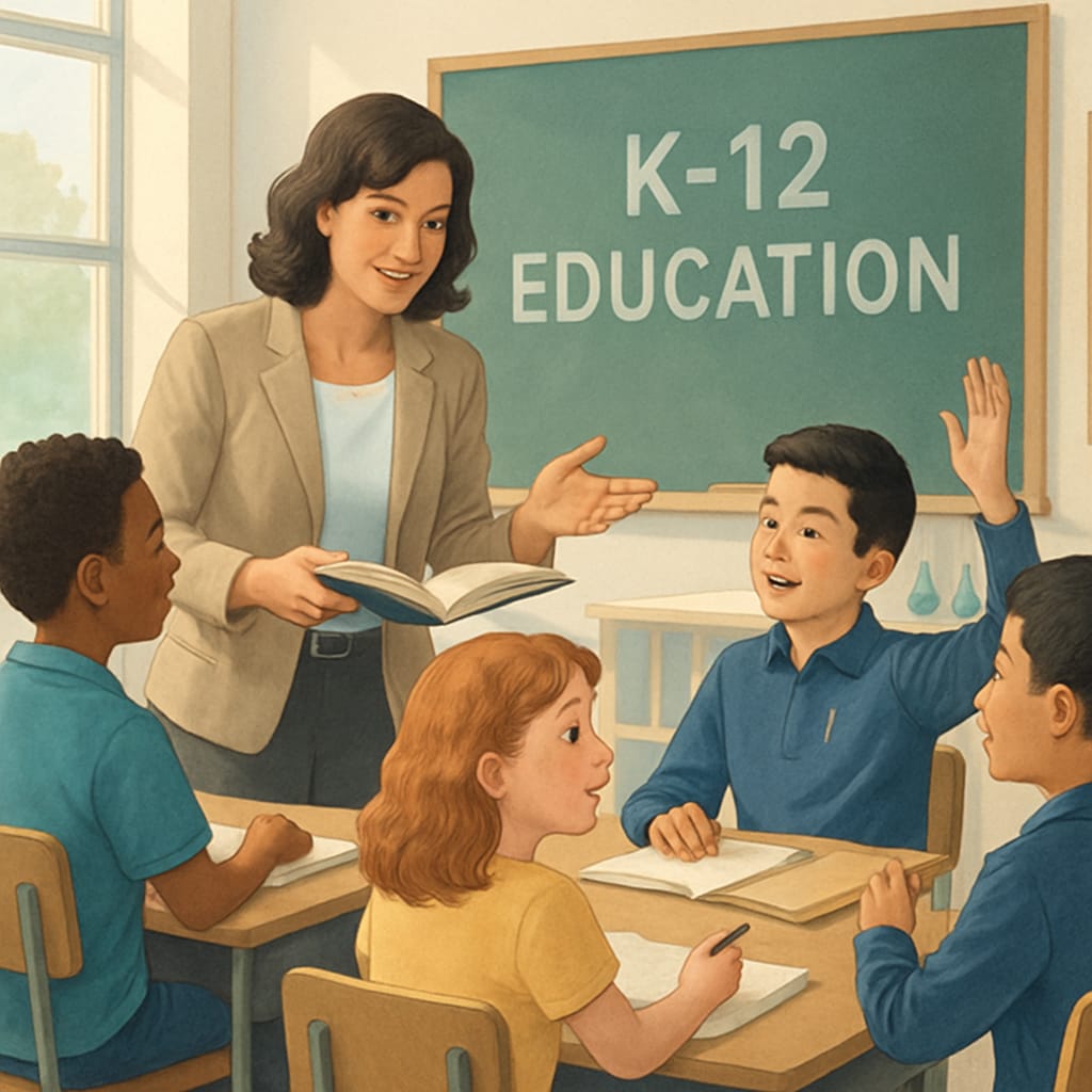 Teacher interacting with students in a K12 classroom, highlighting career planning in education