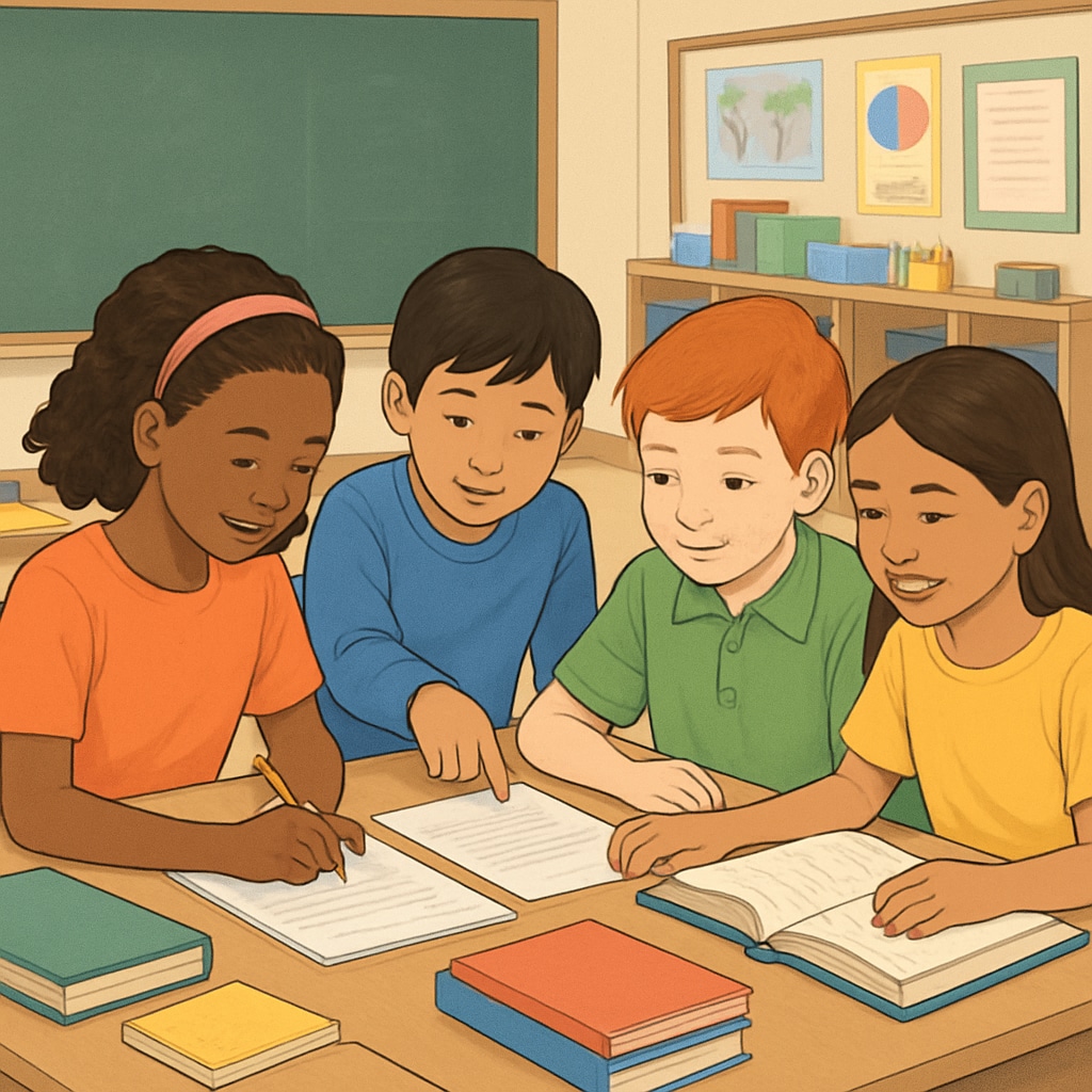 A diverse group of students in a public school classroom engaging in a collaborative activity. Diverse public school classroom showcasing students working together.