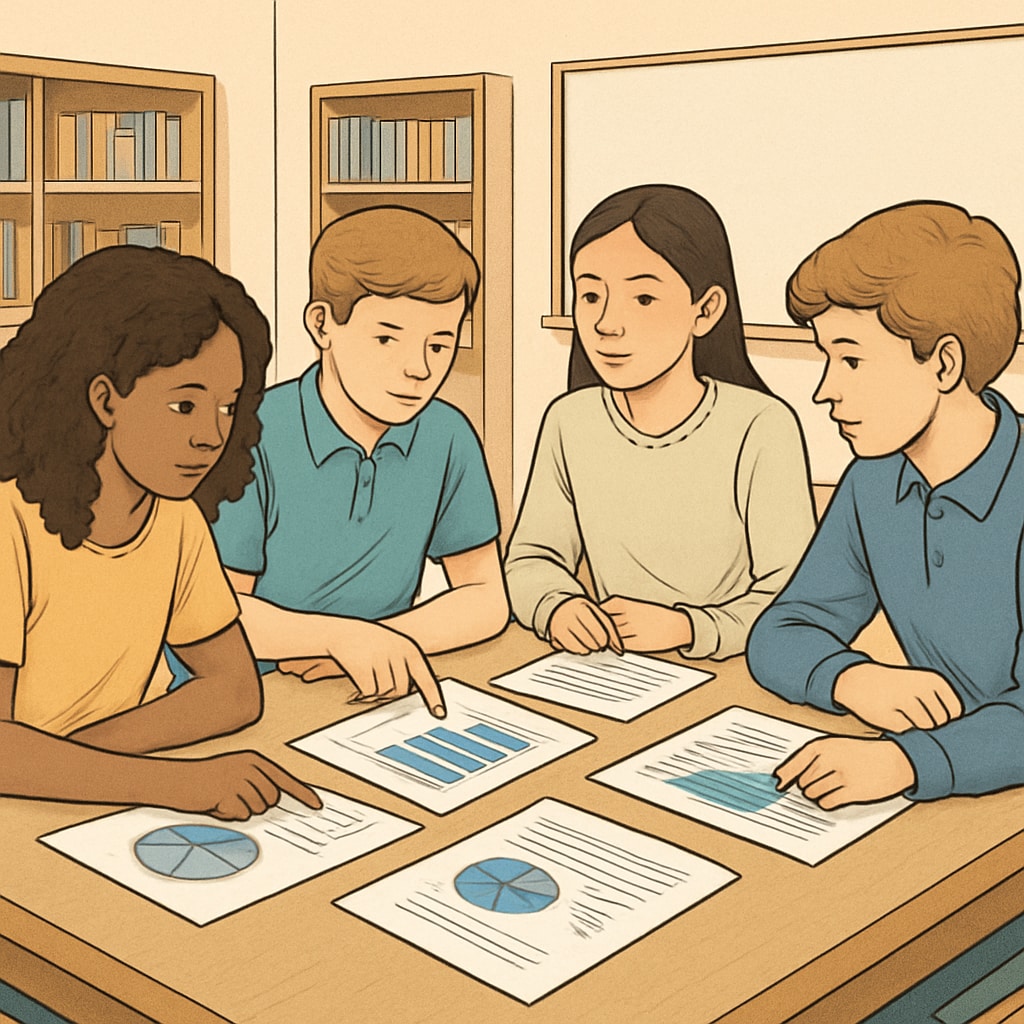 K12 students collaborating on a media research project with survey data.