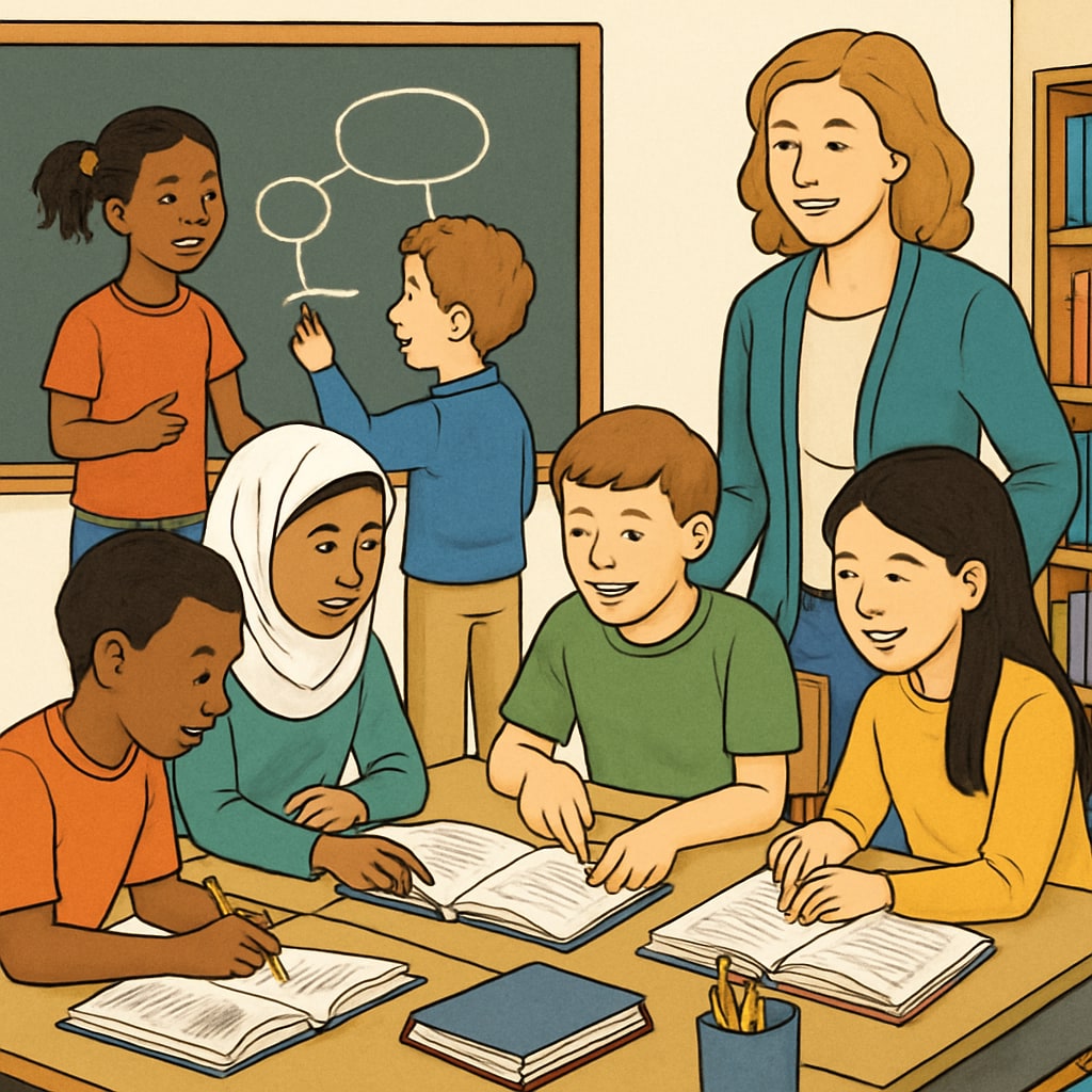 A classroom of diverse students engaging in collaborative learning, representing the concept of holistic education. Students working together in a classroom, representing a holistic approach to academic achievement, learning outcomes, and education metrics.